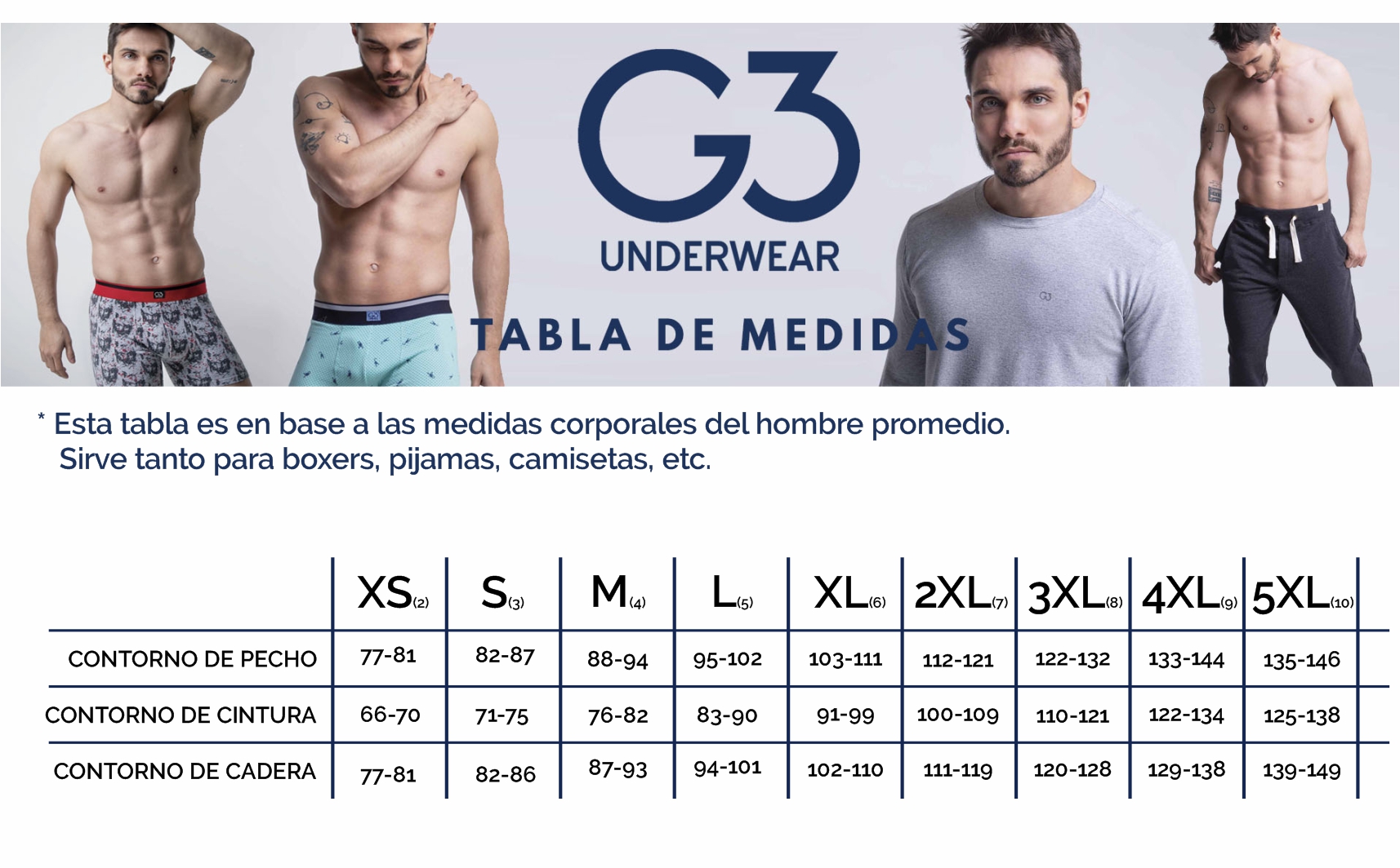 Tabla de medidas outlet de boxer para hombres